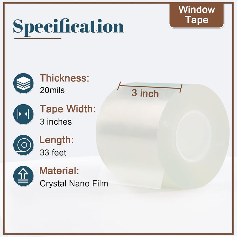 Sunroda Window Sealing Tape 3 Inch x 33 Ft Transparent Insulation Waterproof Nano Draft Isolation Tape for Window and Bathroom Shower Glass Side Gaps - Image 2
